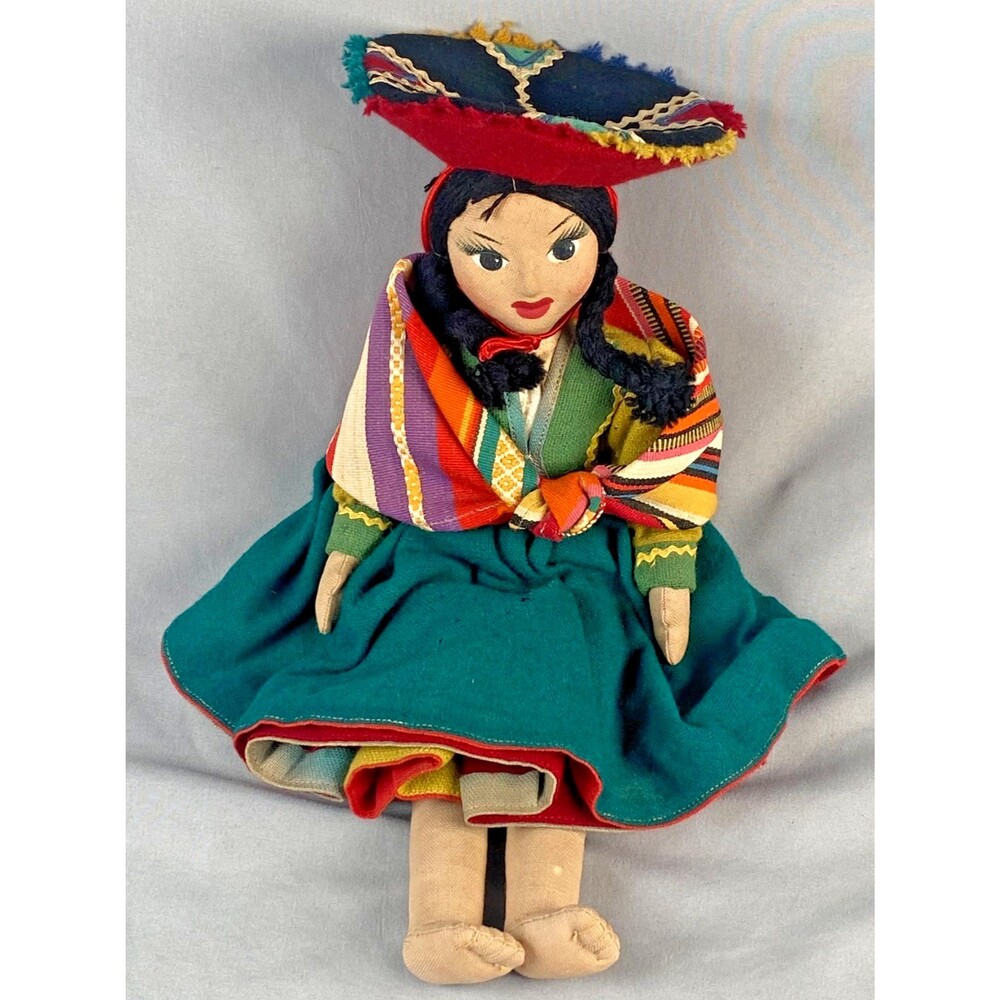 Vintage Handcrafted Peruvian Folk Art Cloth Doll Andean Woman Cuzco Peru 12"